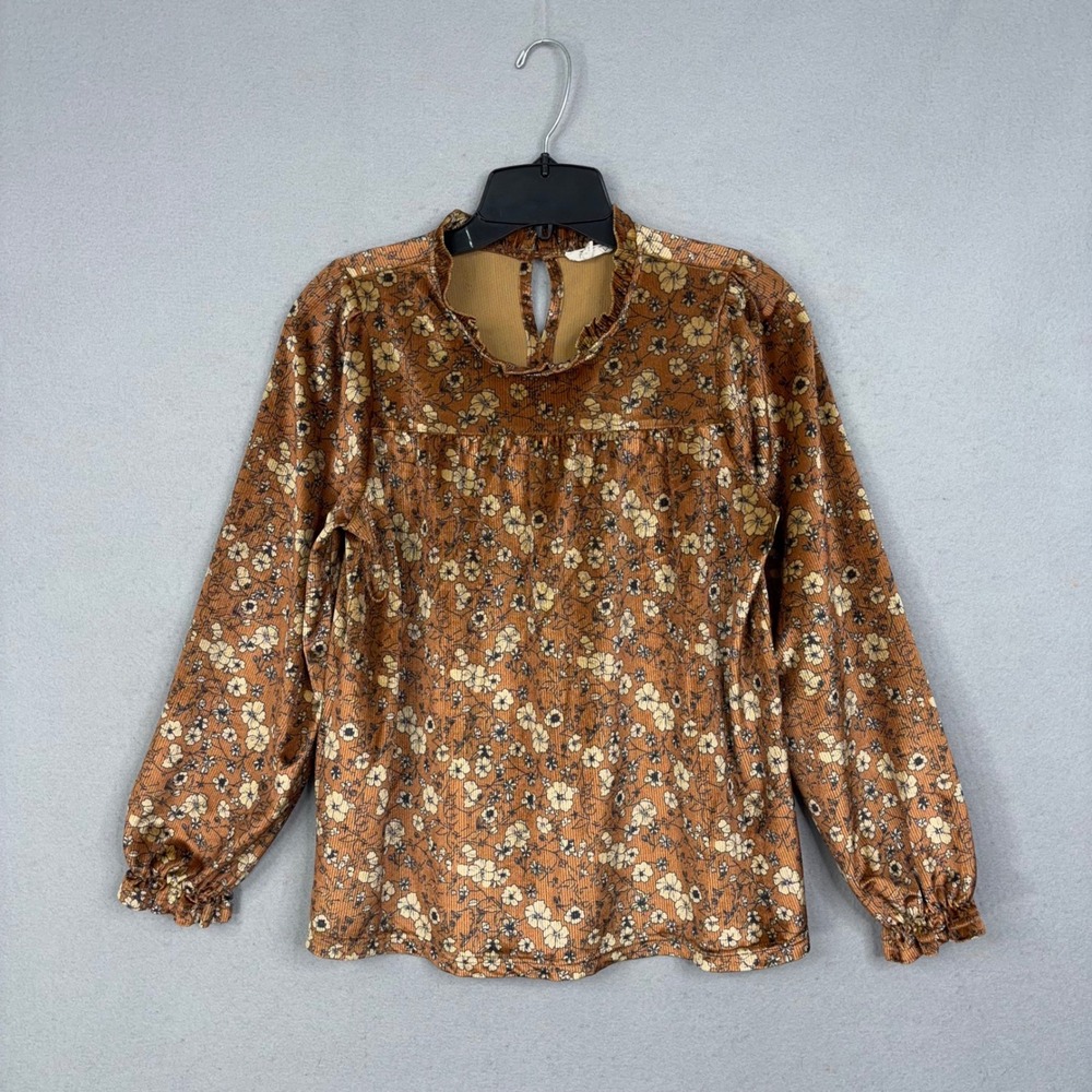Hayden Girls Blouse Girls XL Brown Floral Ribbed Velvet Ruffle Mock Neck Boho